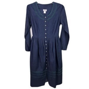 Vintage Lanz Of Salzburg Blue Denim Dress Tie Back Cottage Prairie Size Large
